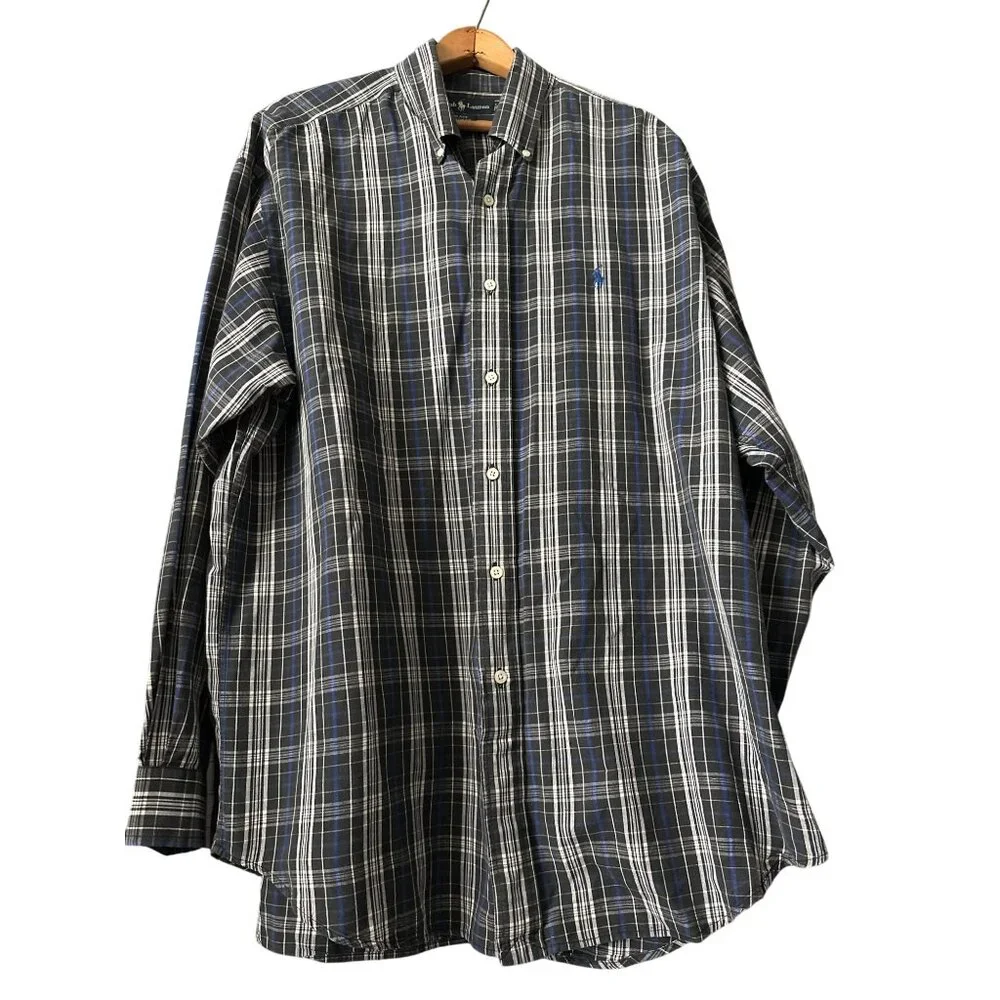 Ralph Lauren Plaid Button-Down Shirt Blaire Black Blue Cotton Long Sleeve Large